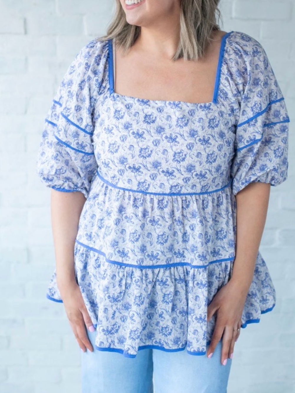 She + Sky White Top with Blue Floral Print